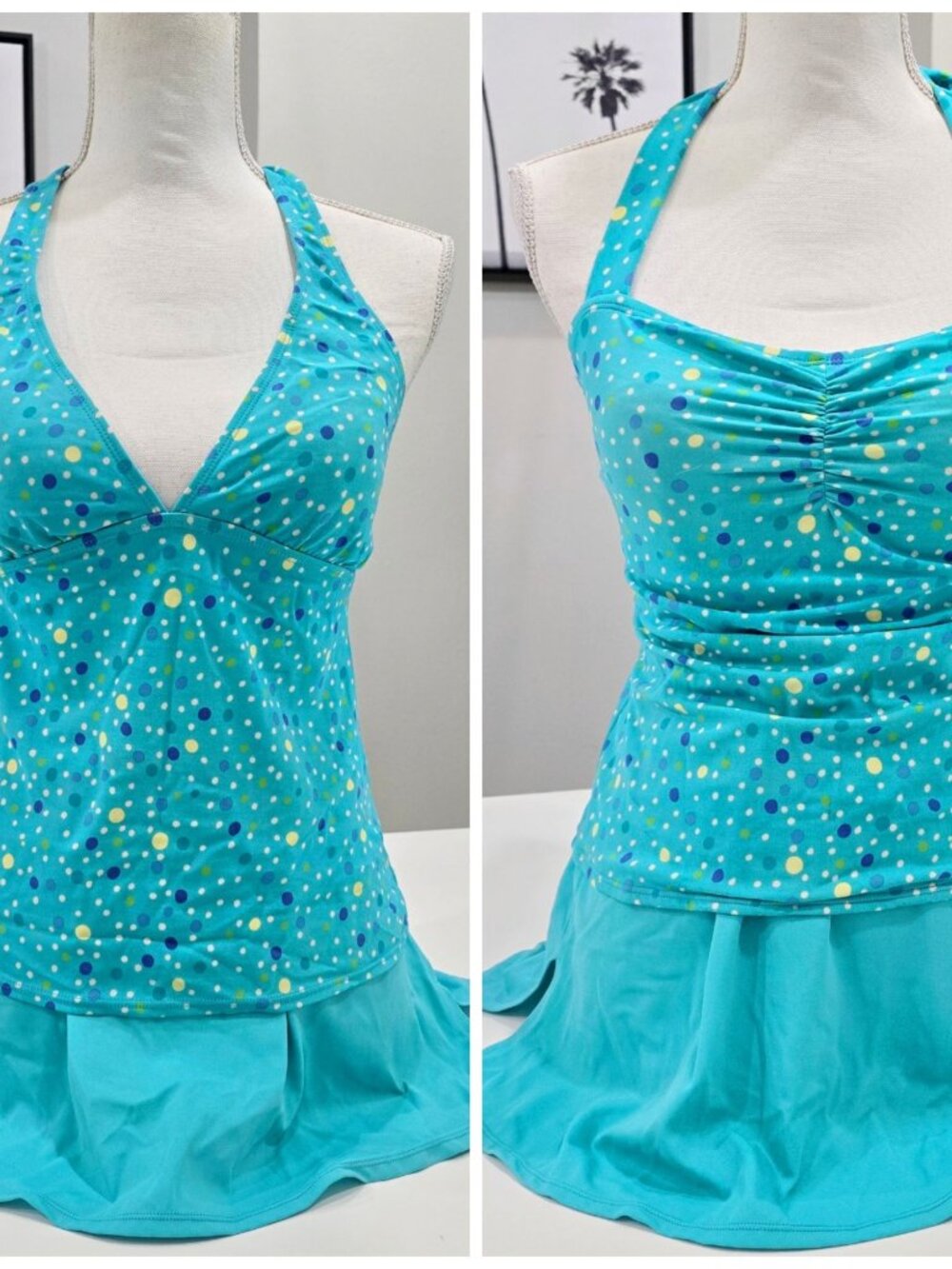 Gabar ✦ Turquoise Polka Dot Swim Set ✦ 2 Halter Tops + Skirted Bottom Size 8